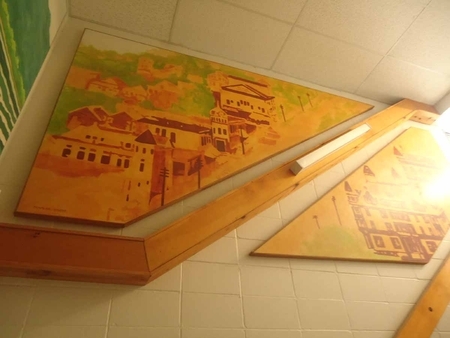 heritage mural 4  second flight of stairs. looking up and left.Simple overview of what was once Nelsons main street.