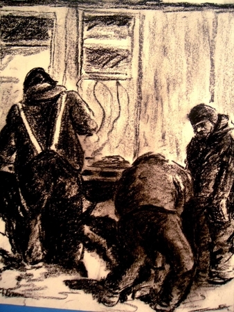 Stone Carvers.  1988. Charcoal on paper. .Arctic series.