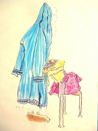 Clothes composition. 1988. Arviat NWT. Pastal on Rag paper.