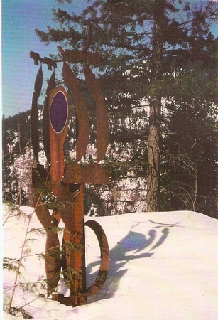 Abstract. Welded steel, stained glass. 2.2m. 1990. Privare collection.