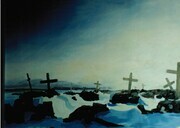 Arctic Graveyard winter scene in Coral Harbour. Acrylic on canvas. 24" x 36". 1994