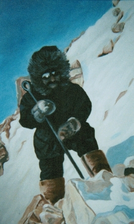 Quarrying Stone in Clyde River . Acrylic on Canvas 24" x 48" 1994.