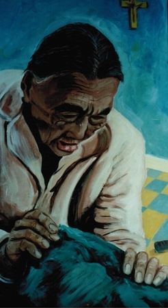 Old woman carver in Arviat Nun. acrylic on board.. 18" x 24" 1993
