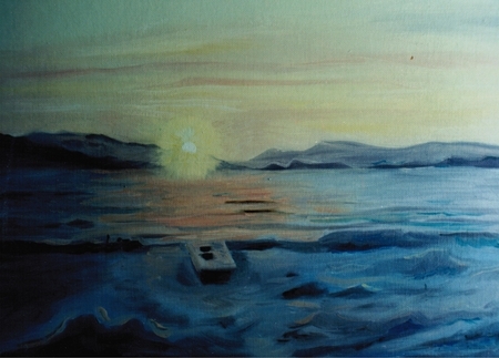 Arctic noon in Arctic bay. acrylic on board. study. 1994